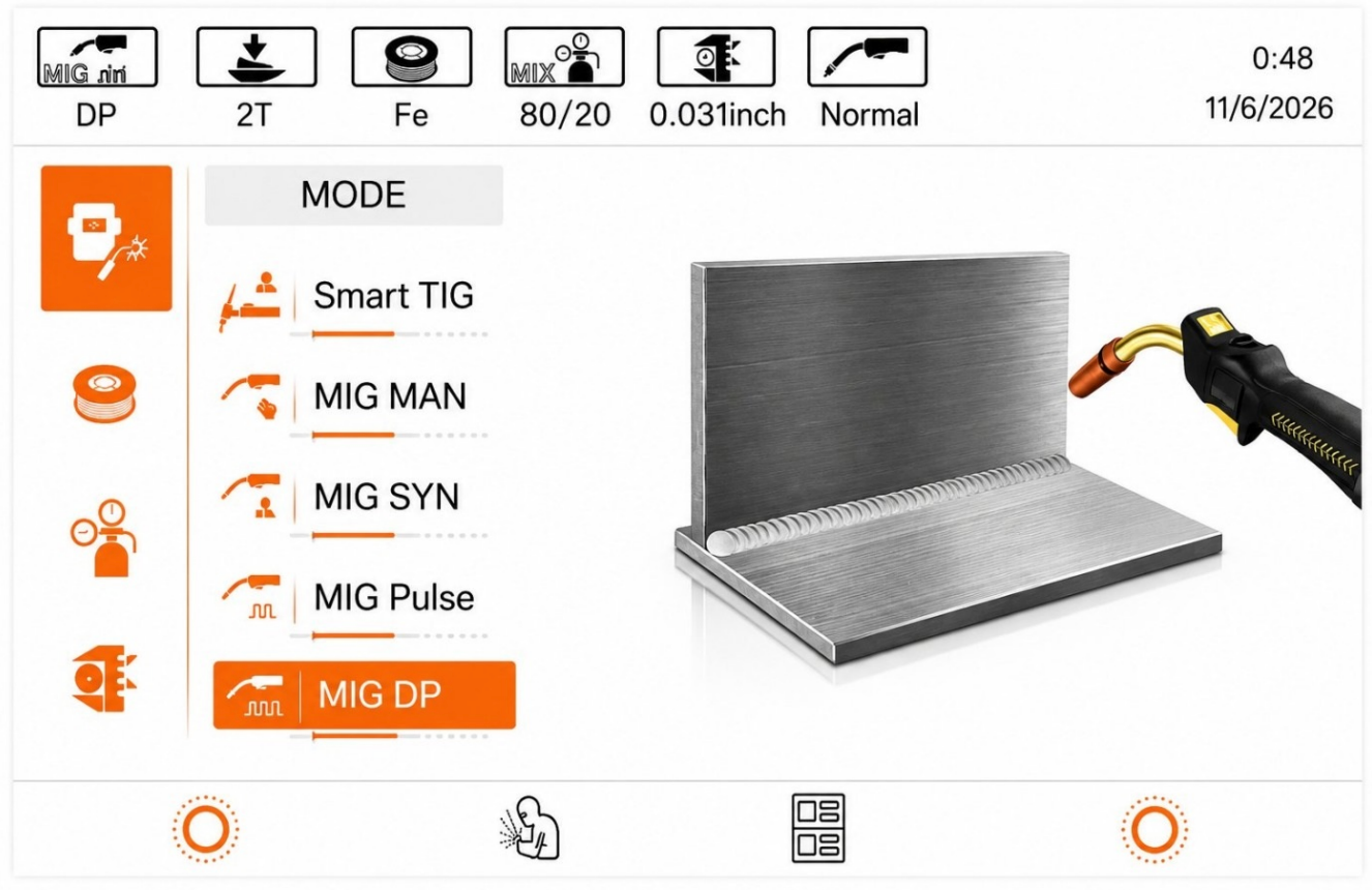 MIG230 Double Pulse MIG touchscreen interface