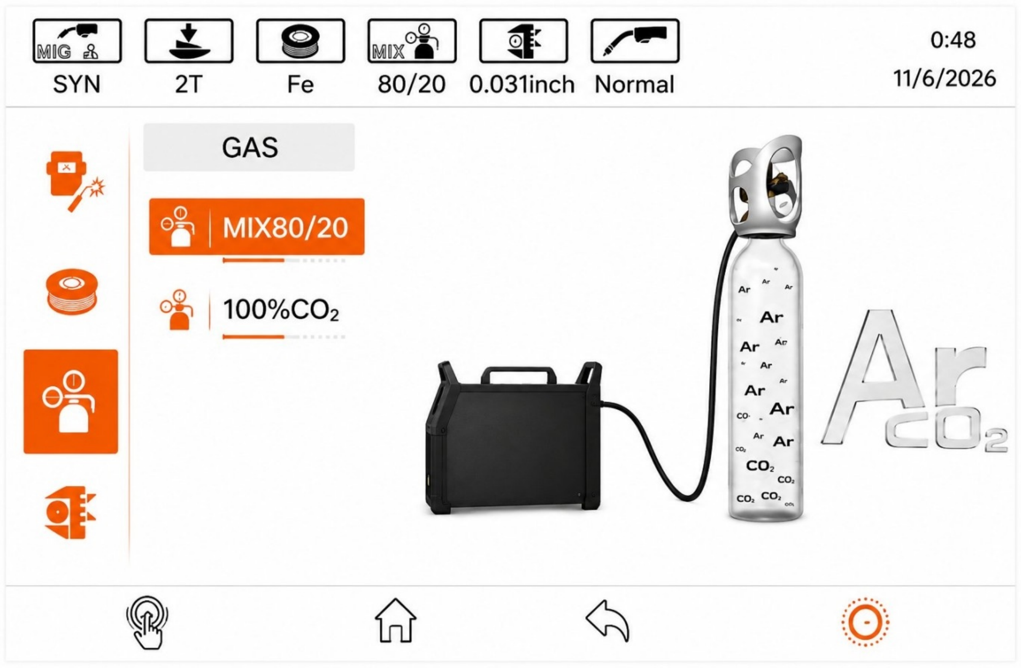 MIG230 gas selection and synergic MIG setup touchscreen interface