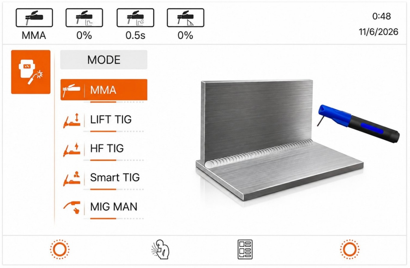 MIG230 multiprocess mode selection touchscreen interface