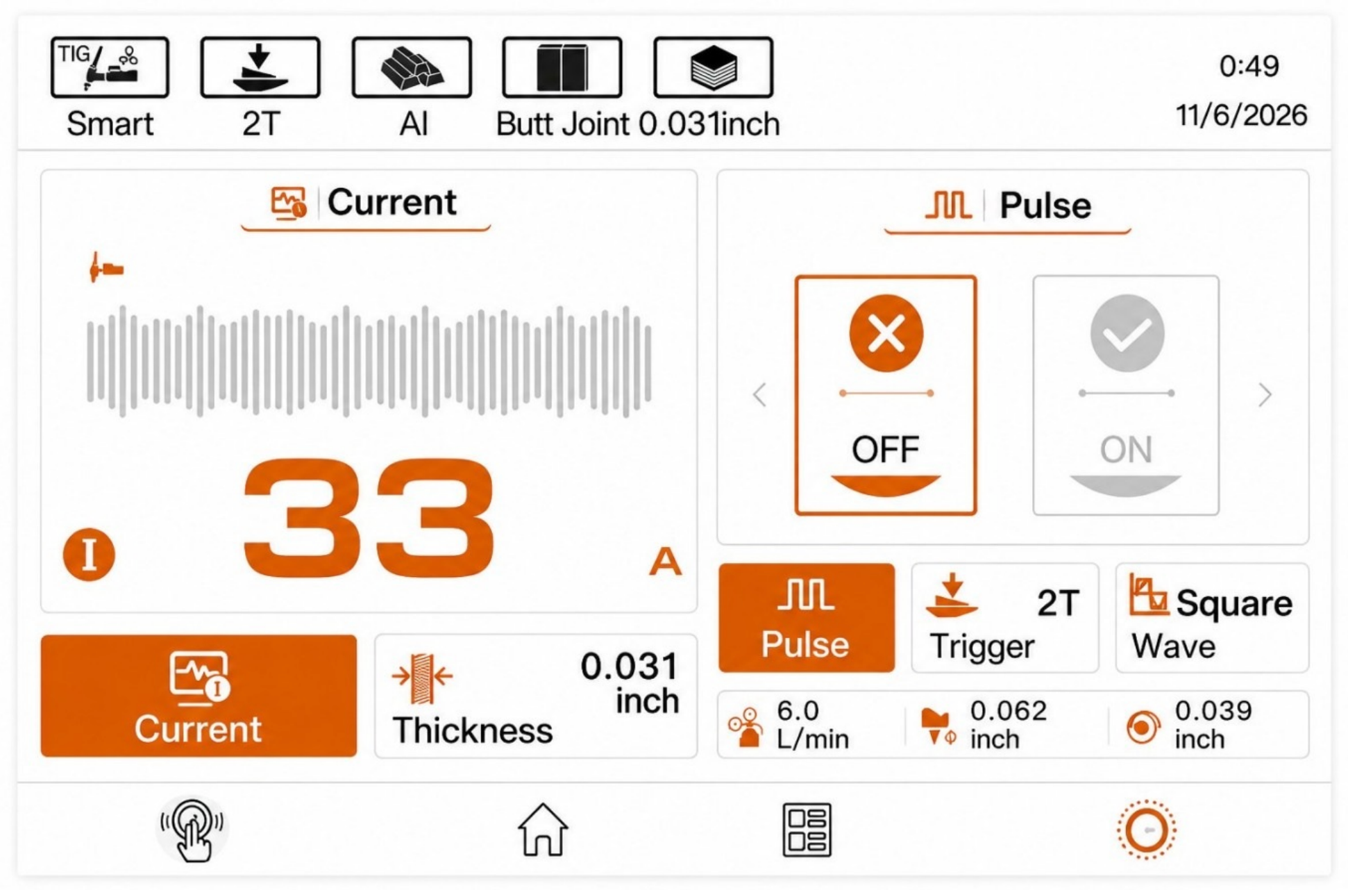 MIG230 Smart TIG setup touchscreen interface