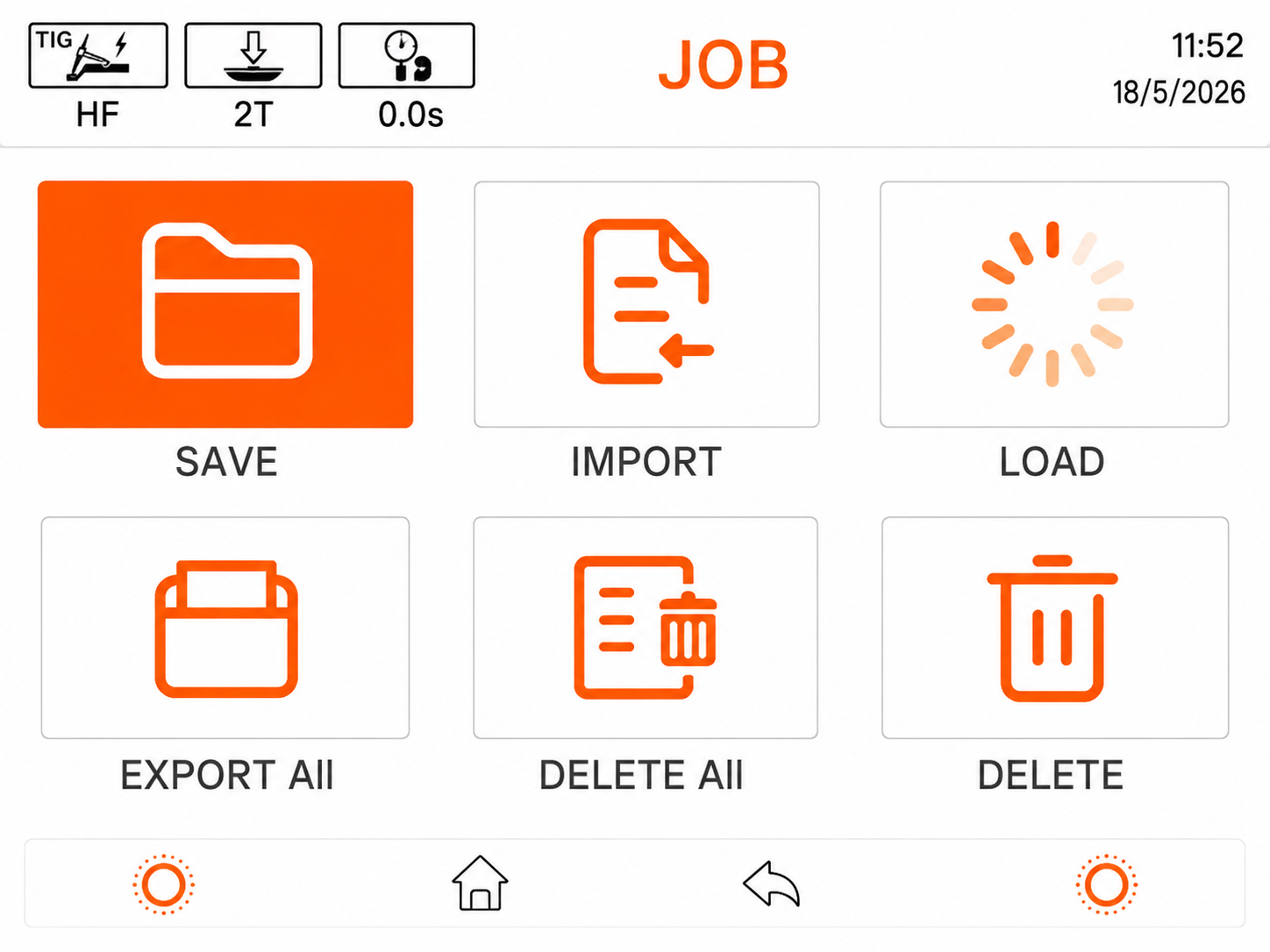 TIG230 save and load jobs screen