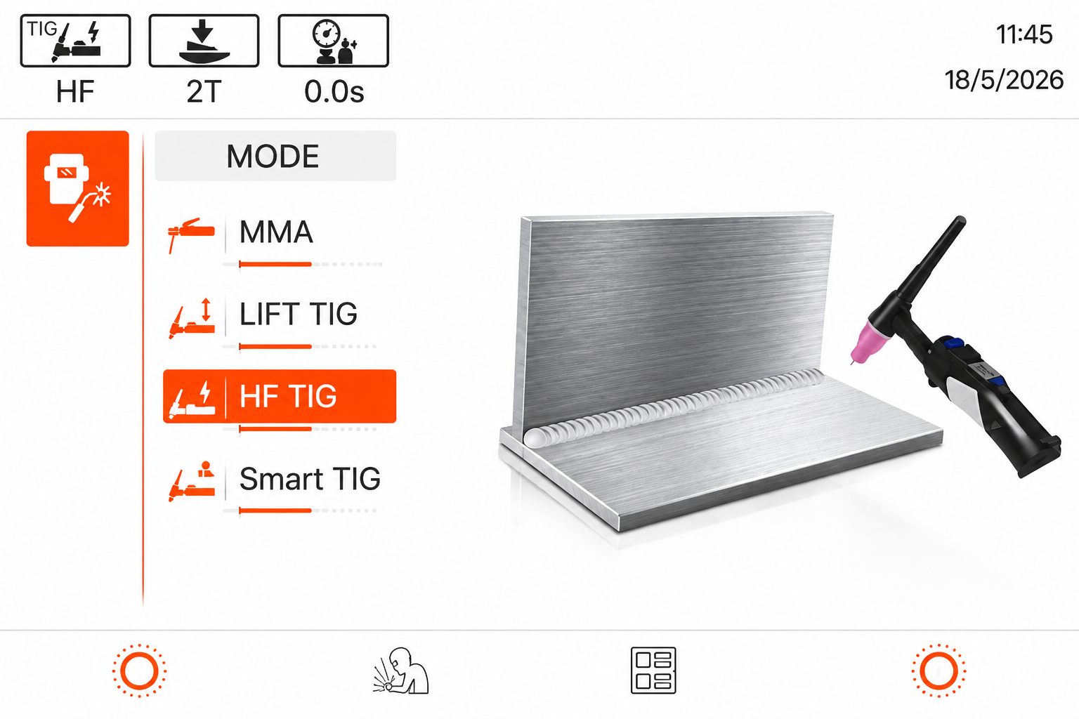 TIG230 touchscreen mode selection screen