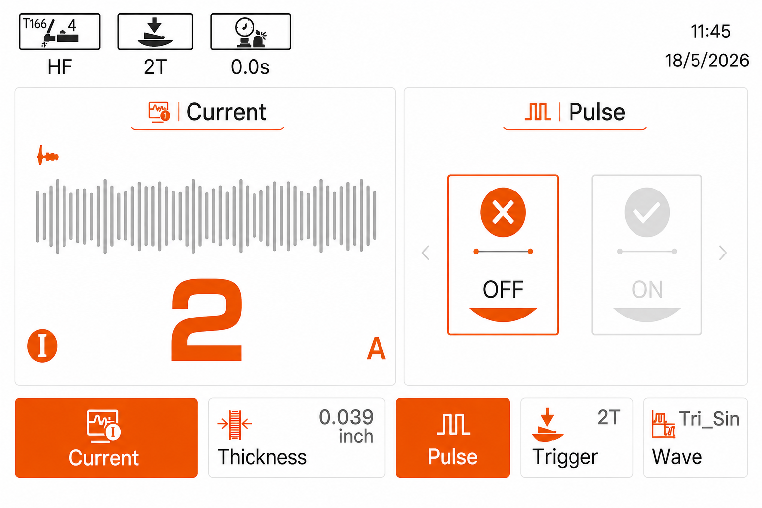TIG230 pulse control touchscreen interface