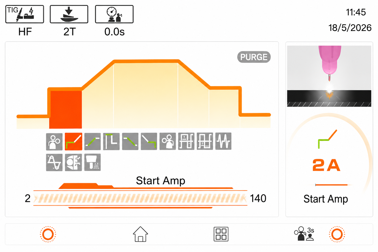TIG230 start amp control touchscreen interface