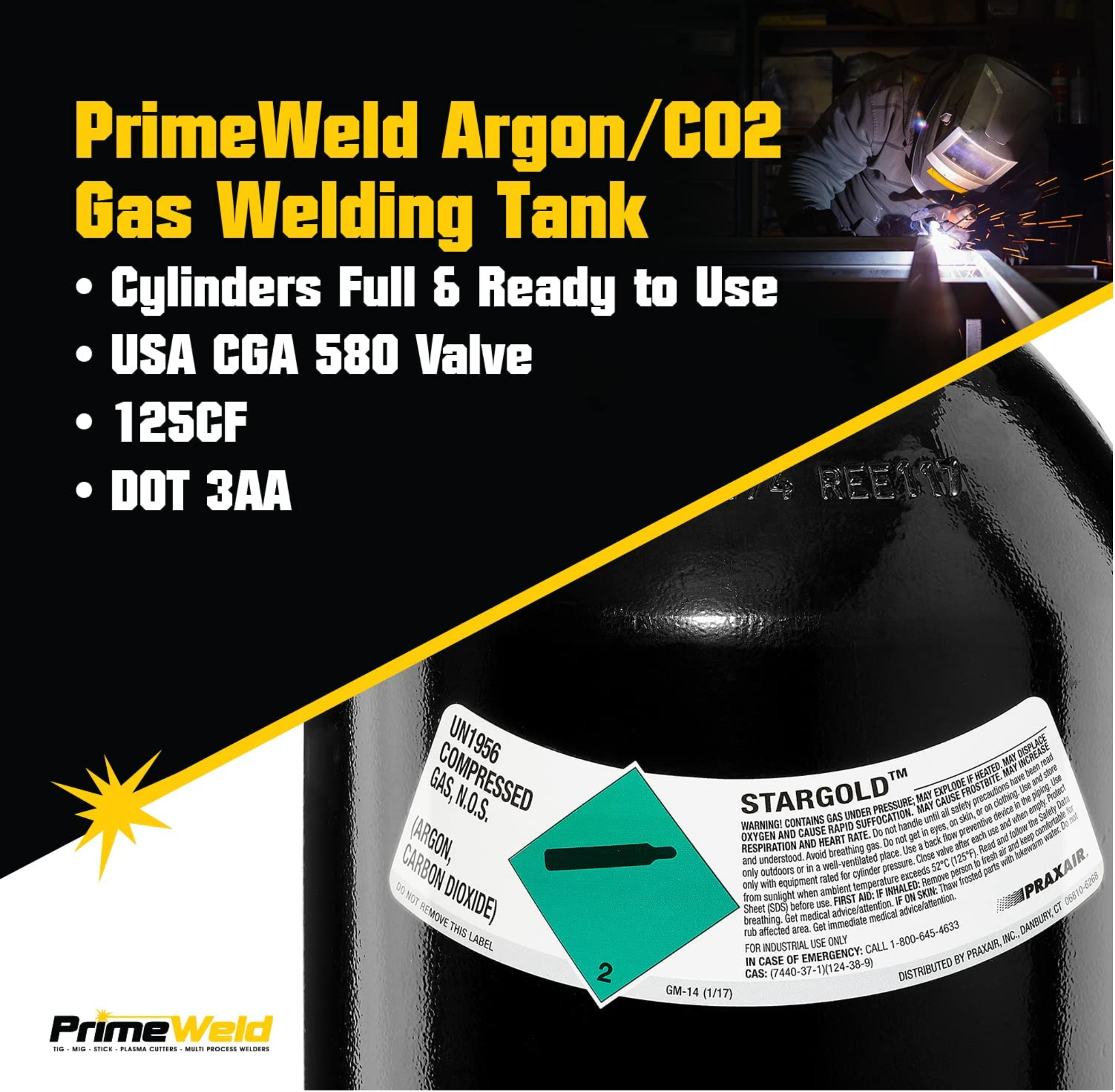 22 Cu. Ft. Argon Air Tank High Pressure Aluminum Gas Cylinder Filled With  UHP Argon. 